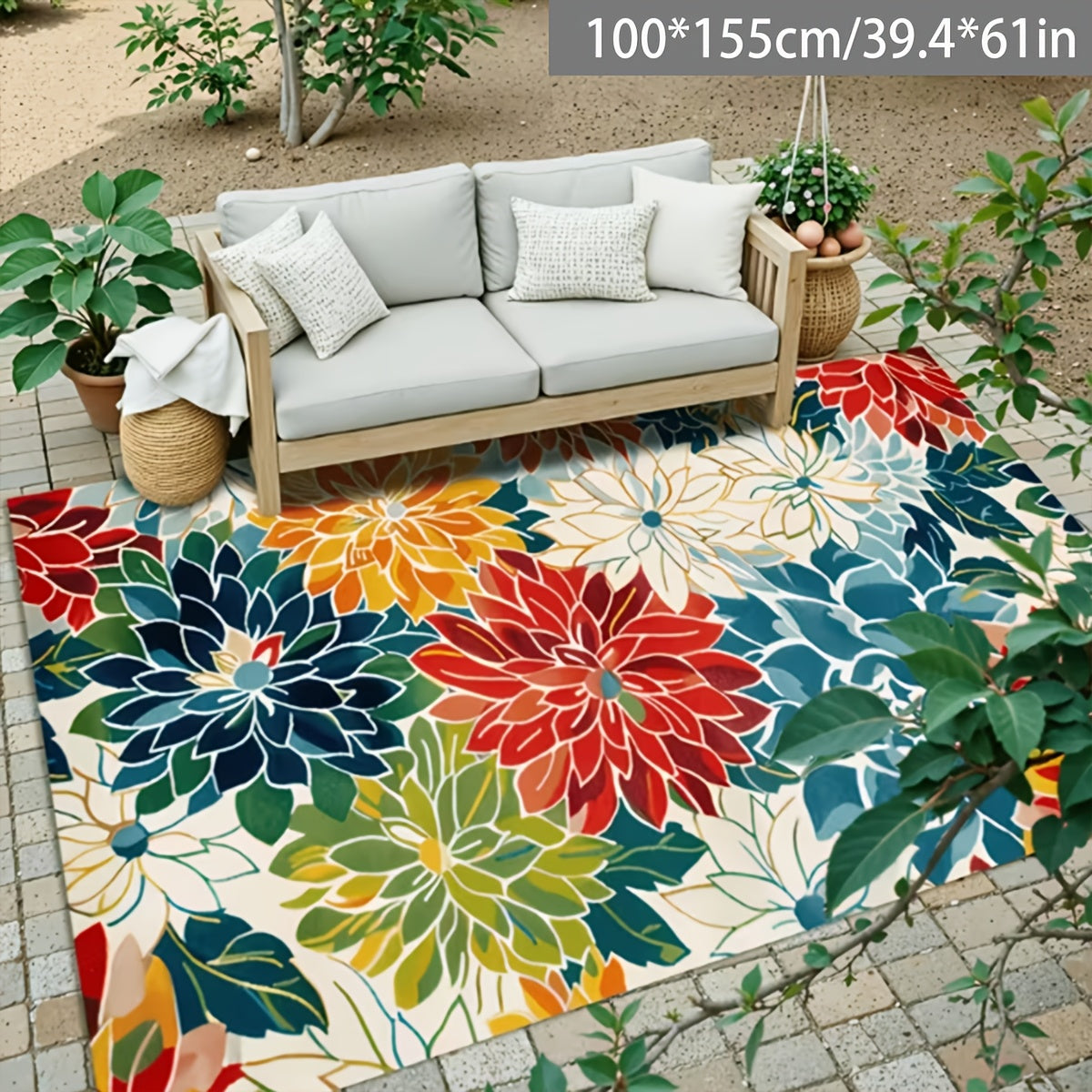 Floral Patterned Outdoor & Indoor Rectangular Rug - Non-Slip Machine Washable Soft Area Rug for Living Room Bedroom Garden Camping Picnic, Home Decor