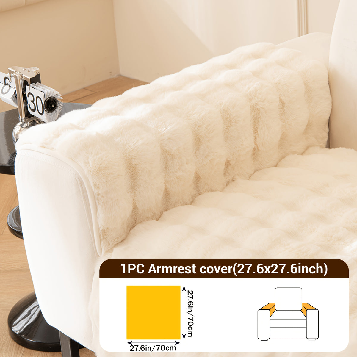 Bubble Faux Rabbit Fur Sofa Cover Non-Slip Stretchable 3/4 Seat Slipcover – Silicone Grip Breathable Furniture Protector for Living Room, Bed & Dorm, Machine Washable in Beige, Dark Grey & Khaki