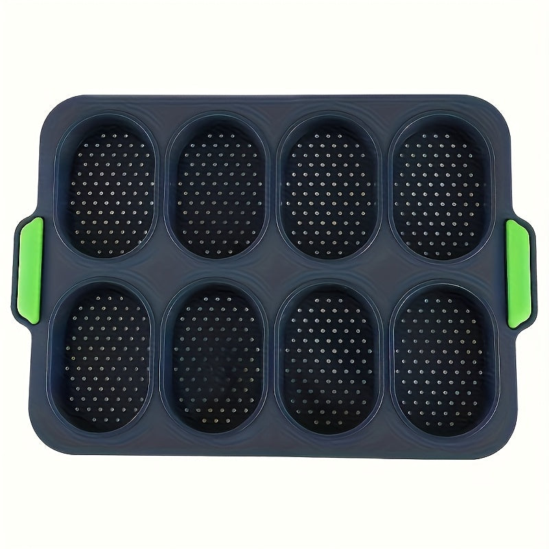 Silicone Bread Baking Pan 8-Cavity Non-Stick Perforated French-Style Mold – Food-Grade Mini Bread Tray with Handle for Homemade Rolls, Hot Dog Buns & Dinner Rolls, Dishwasher & Oven Safe