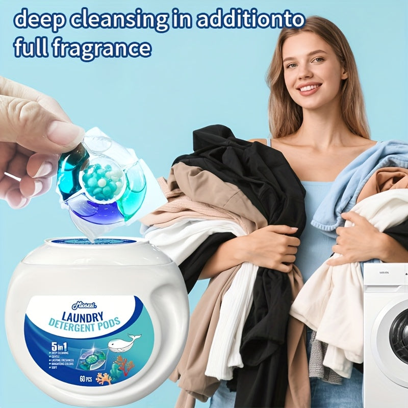 5-in-1 Laundry Detergent Pods, Ocean Breeze Scent, 8X Cleaning Power – HE Compatible Stain & Odor Eliminator Liquid Capsules, Fabric Safe, 60 / 120 Count