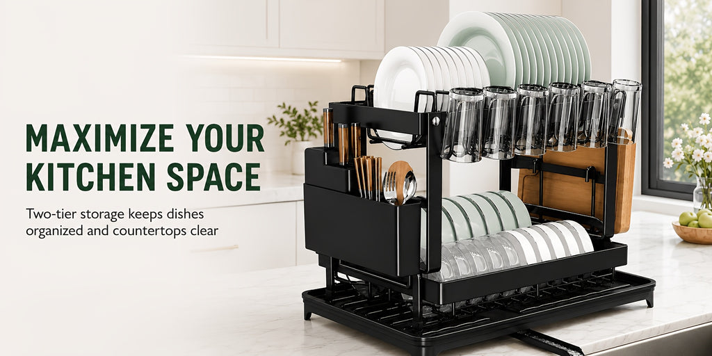 2-Tier Dish Drying Rack with Drainboard – Black Metal Two-Level Dish Drainer with Drainage for Kitchen Counter, Standing Dish Holder Organizer Shelf for Plates, Cups & Utensils