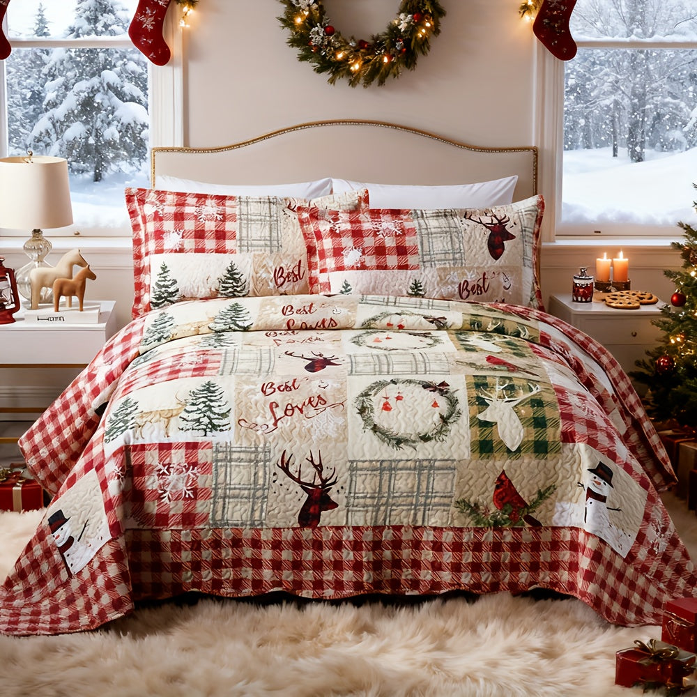 Christmas Quilt Set Queen King 3 Piece – Rustic Lodge Deer Snowman Snowflake Holiday Bedding Ensemble, Quilted Bedspread Coverlet with Pillow Shams, Machine Washable Lightweight Comforter