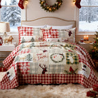 Christmas Quilt Set Queen King 3 Piece – Rustic Lodge Deer Snowman Snowflake Holiday Bedding Ensemble, Quilted Bedspread Coverlet with Pillow Shams, Machine Washable Lightweight Comforter