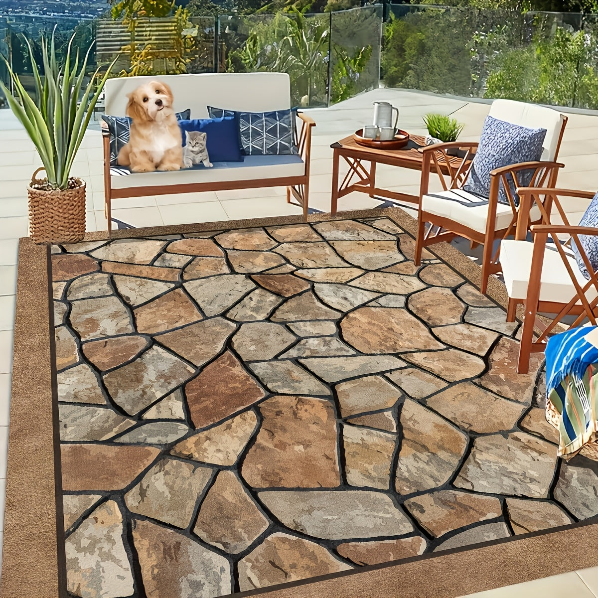 Outdoor Patio Rug Washable Stone Pattern Rectangular Carpet – Durable Indoor Outdoor Mat for Patio, Garden, Camping, RV & Sunroom | Multiple Sizes