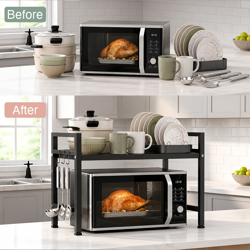 Microwave Oven Rack Expandable Countertop Shelf – Heavy Duty Carbon Steel Stand with 6 Hooks, Adjustable Height & Width, Dust Cover Included