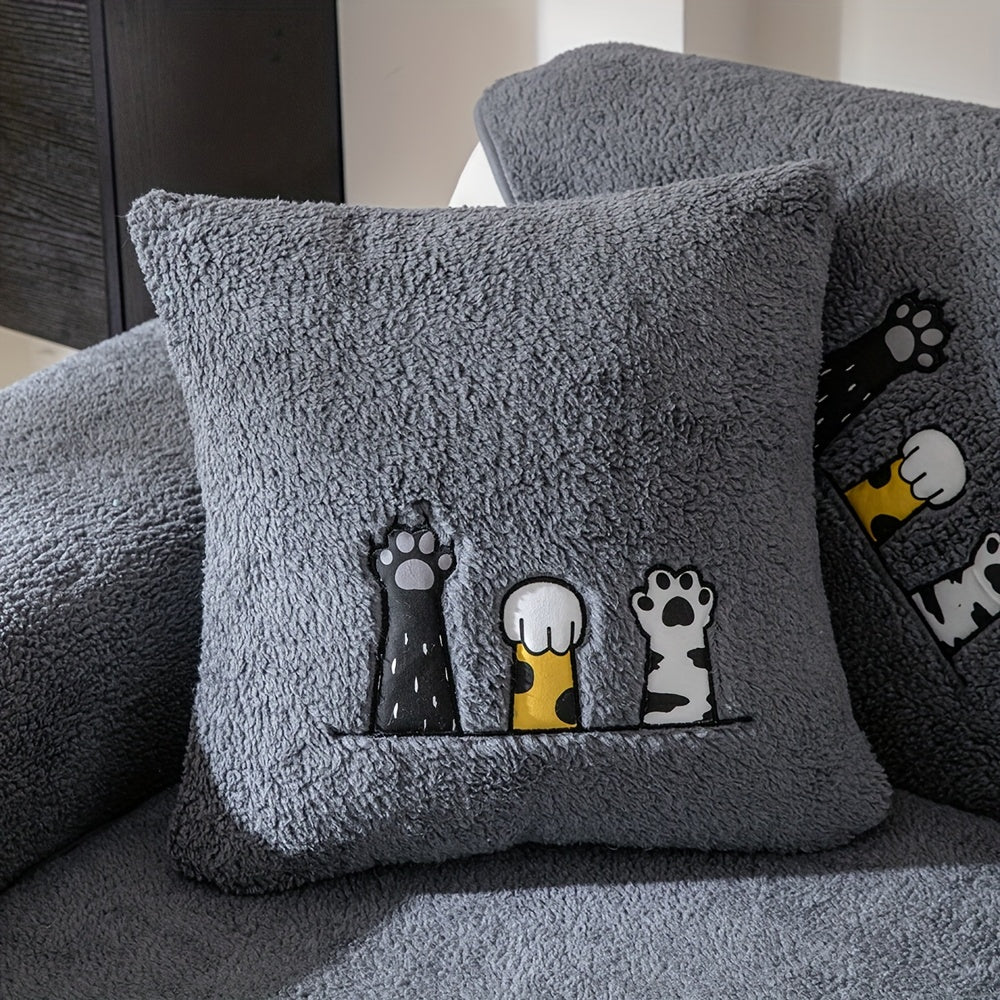 Sherpa Sofa Cover with Cat Paw Embroidery – Thick Plush Non-Slip Couch Slipcover, Pet-Friendly & Machine Washable Furniture Protector