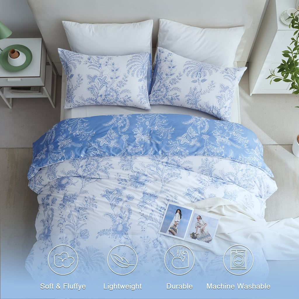 Soft Floral Comforter Set 3-Piece Easy Care – Lightweight Breathable All-Season Quilt with Pillowcases, Light Blue, White & Beige, Bed in a Bag Twin Queen King