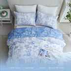 Soft Floral Comforter Set 3-Piece Easy Care – Lightweight Breathable All-Season Quilt with Pillowcases, Light Blue, White & Beige, Bed in a Bag Twin Queen King