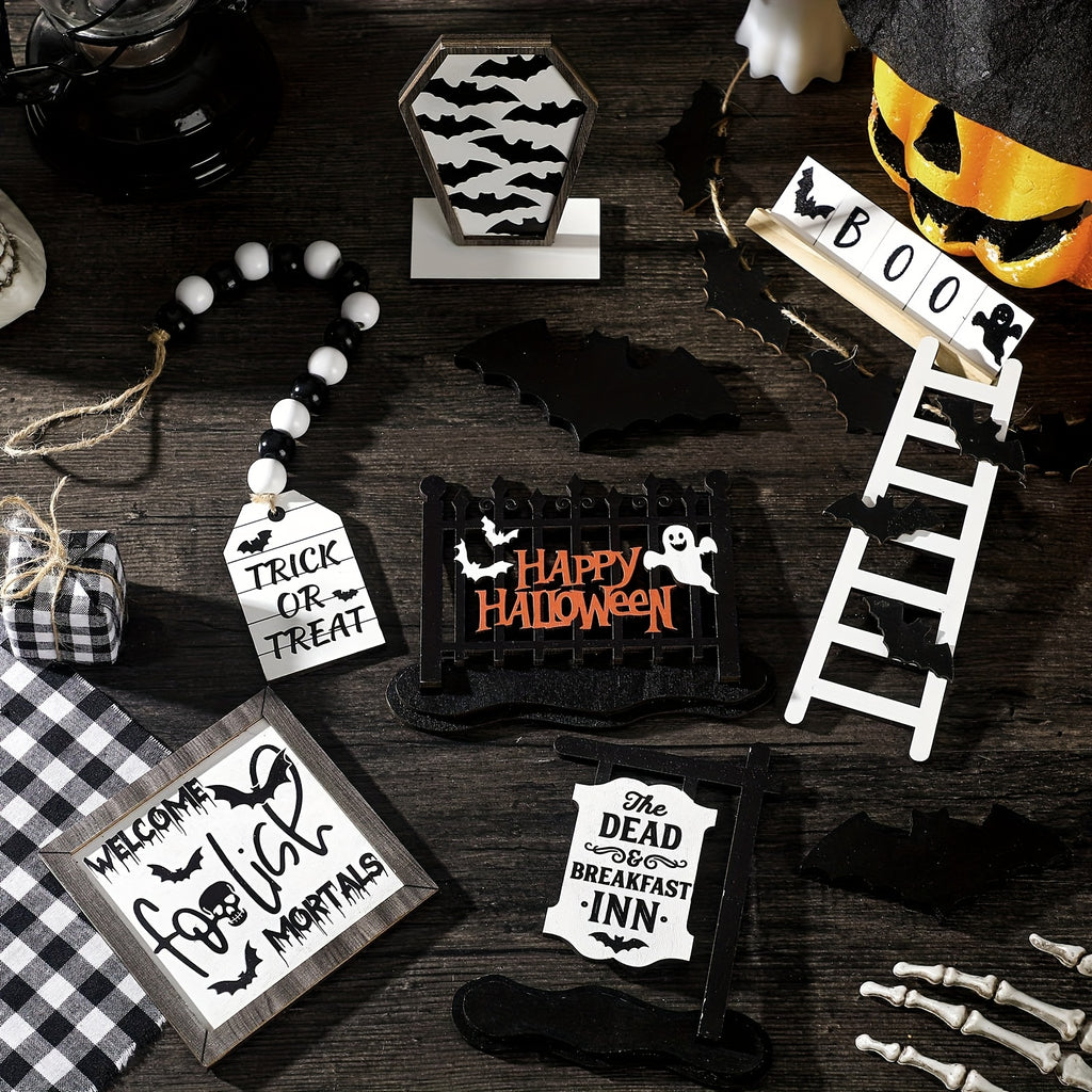 14-Piece Halloween Tiered Tray Decoration Set – Farmhouse Rustic Black & White Bat Wooden Signs for Table Kitchen Den Halloween Party