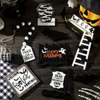 14-Piece Halloween Tiered Tray Decoration Set – Farmhouse Rustic Black & White Bat Wooden Signs for Table Kitchen Den Halloween Party