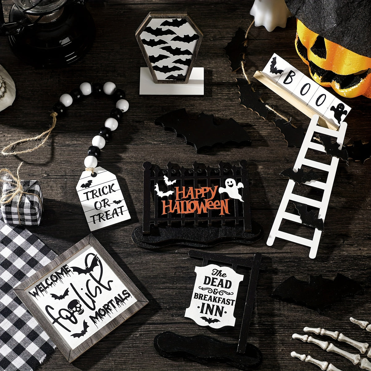 14-Piece Halloween Tiered Tray Decoration Set – Farmhouse Rustic Black & White Bat Wooden Signs for Table Kitchen Den Halloween Party