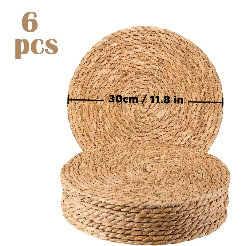 6pcs Natural Rattan Round Placemats 11.8in Heat Resistant Non-Slip Bohemian Wicker Table Mats for Dining Wedding Christmas Thanksgiving
