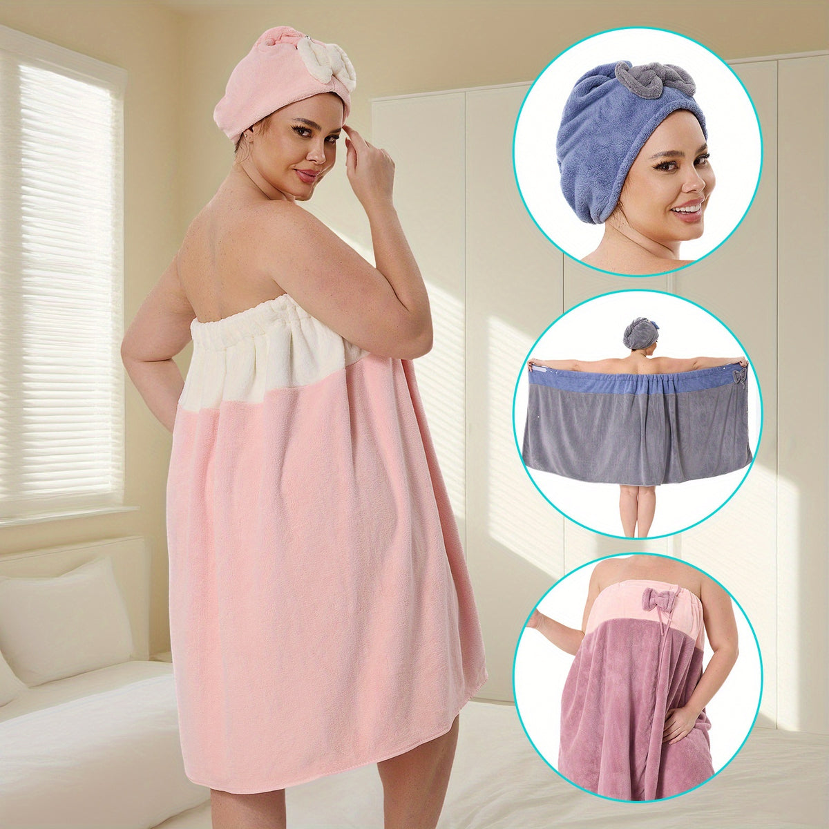 Adjustable Bath Wrap Skirt Set with Triangular Hair Drying Cap – Sizes S-XXXXL Spa Towel Wrap for Women, Home, Travel & Steam Room