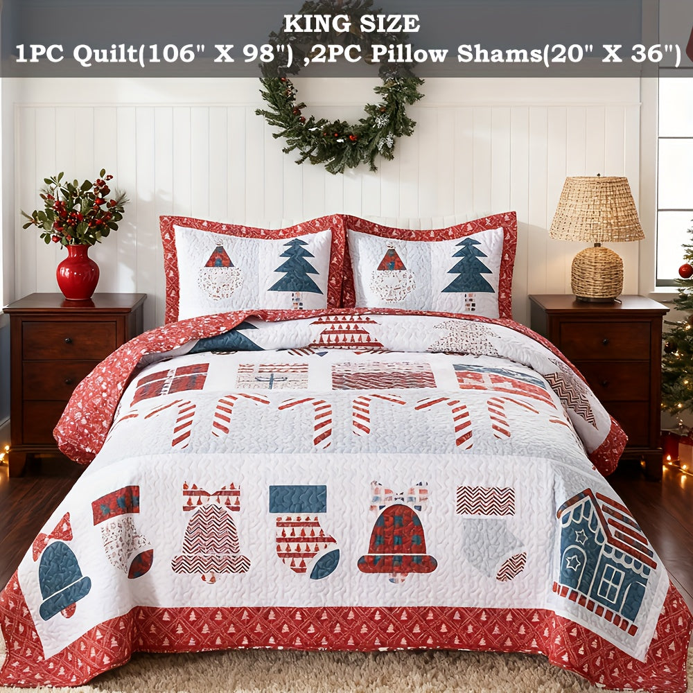 Christmas Quilt Set Queen King 3 Piece – Rustic Lodge Deer Snowman Snowflake Holiday Bedding Ensemble, Quilted Bedspread Coverlet with Pillow Shams, Machine Washable Lightweight Comforter