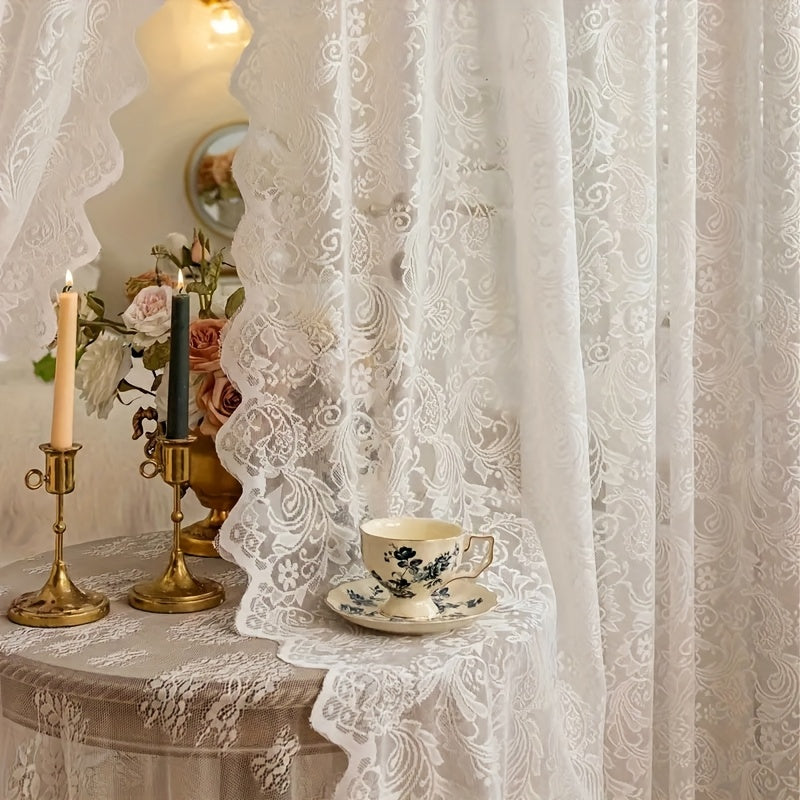 French Vintage Lace Sheer Curtain – Semi-Transparent Floral Phoenix Tail Design, No-Drill Thick Polyester Panel for Bedroom Living Room & Partitioned Spaces, 4 Sizes 3 Colors
