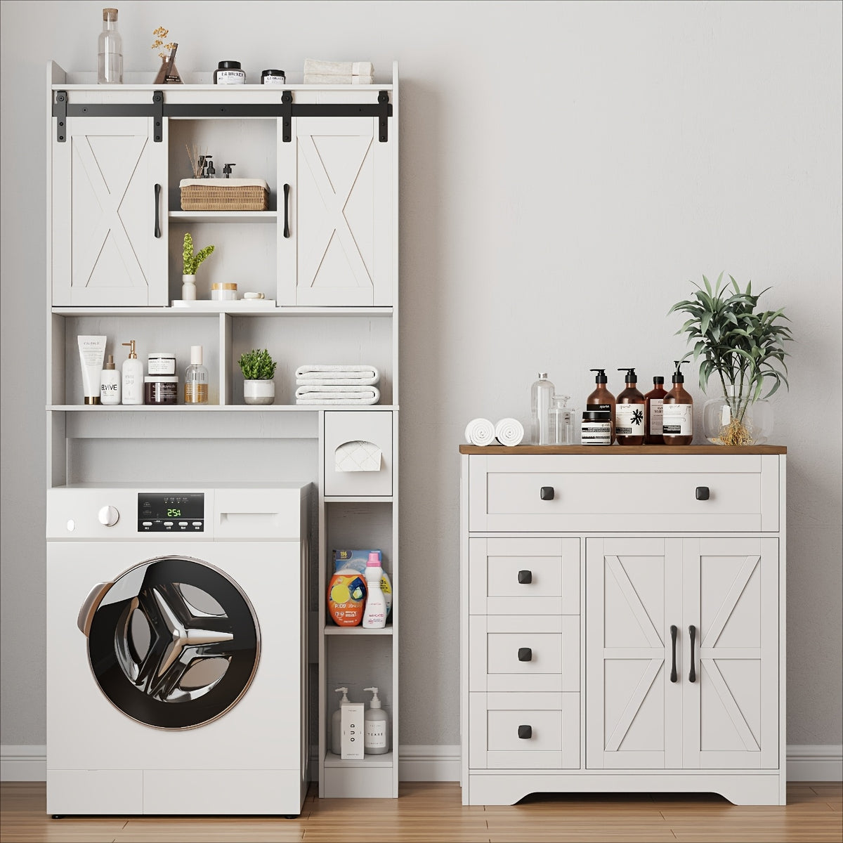 Farmhouse Over Toilet Cabinet with Sliding Doors Engineered Wood Adjustable Shelf Toilet Paper Holder Stand Space Saving Bathroom Storage No Wall Mount Multiple Colors