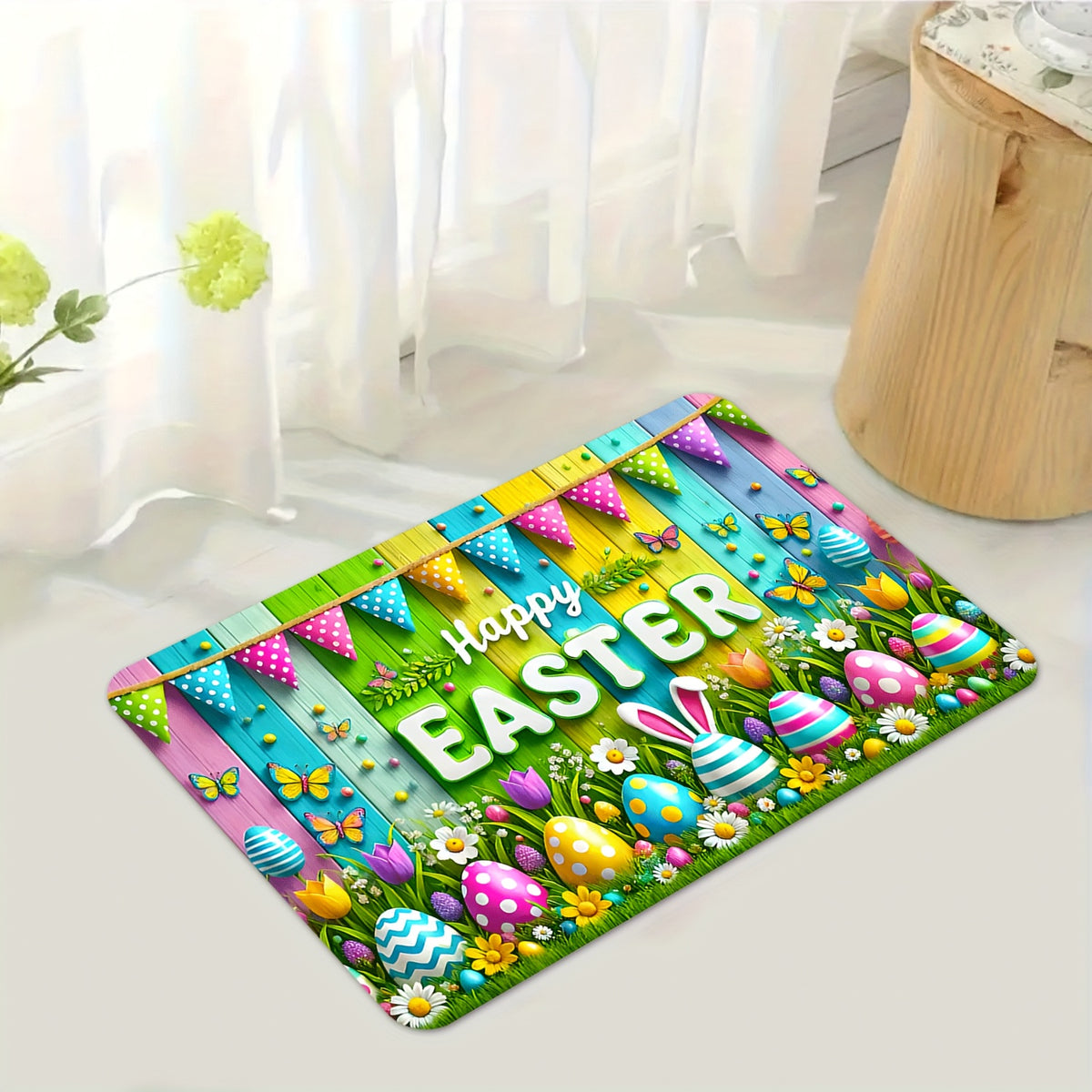 Easter Doormat Flannel Happy Easter Egg Spring Welcome Mat Non-Slip Soft Indoor Outdoor Kitchen Entryway 5 Sizes Including Runner Set