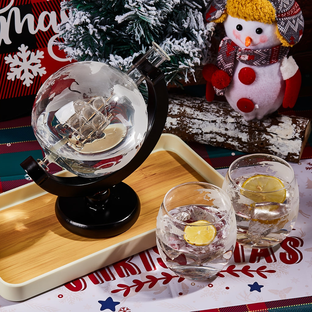 Whiskey Decanter Set with Glasses and Wooden Stand Globe Decanter Ball or Sailboat Design Gift for Whiskey Lovers Birthdays Weddings Anniversaries