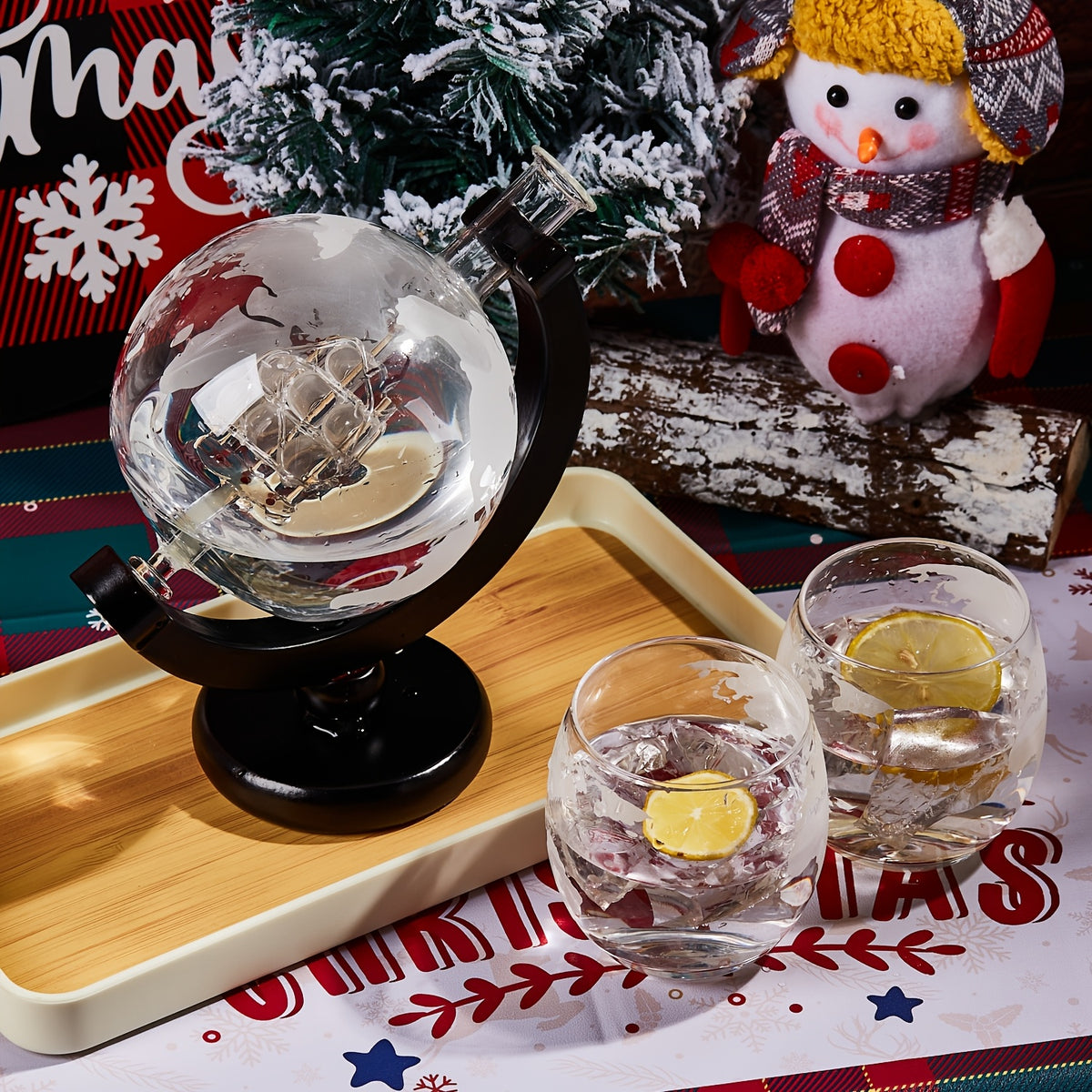 Whiskey Decanter Set with Glasses and Wooden Stand Globe Decanter Ball or Sailboat Design Gift for Whiskey Lovers Birthdays Weddings Anniversaries