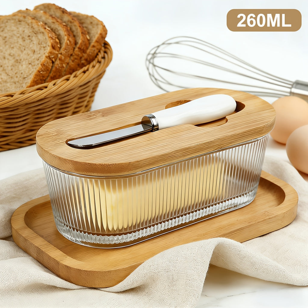 Airtight Glass Butter Dish with Lid Stripe and Crystal Pattern Butter Keeper for Countertop and Refrigerator Hygienic Covered Butter Tray for Kitchen Storage