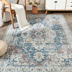 Washable Vintage Area Rug - Chenille Retro Distressed Multi-Print Foldable Lightweight Accent Rug for Entryway Bathroom Kitchen Living Room and Bedroom