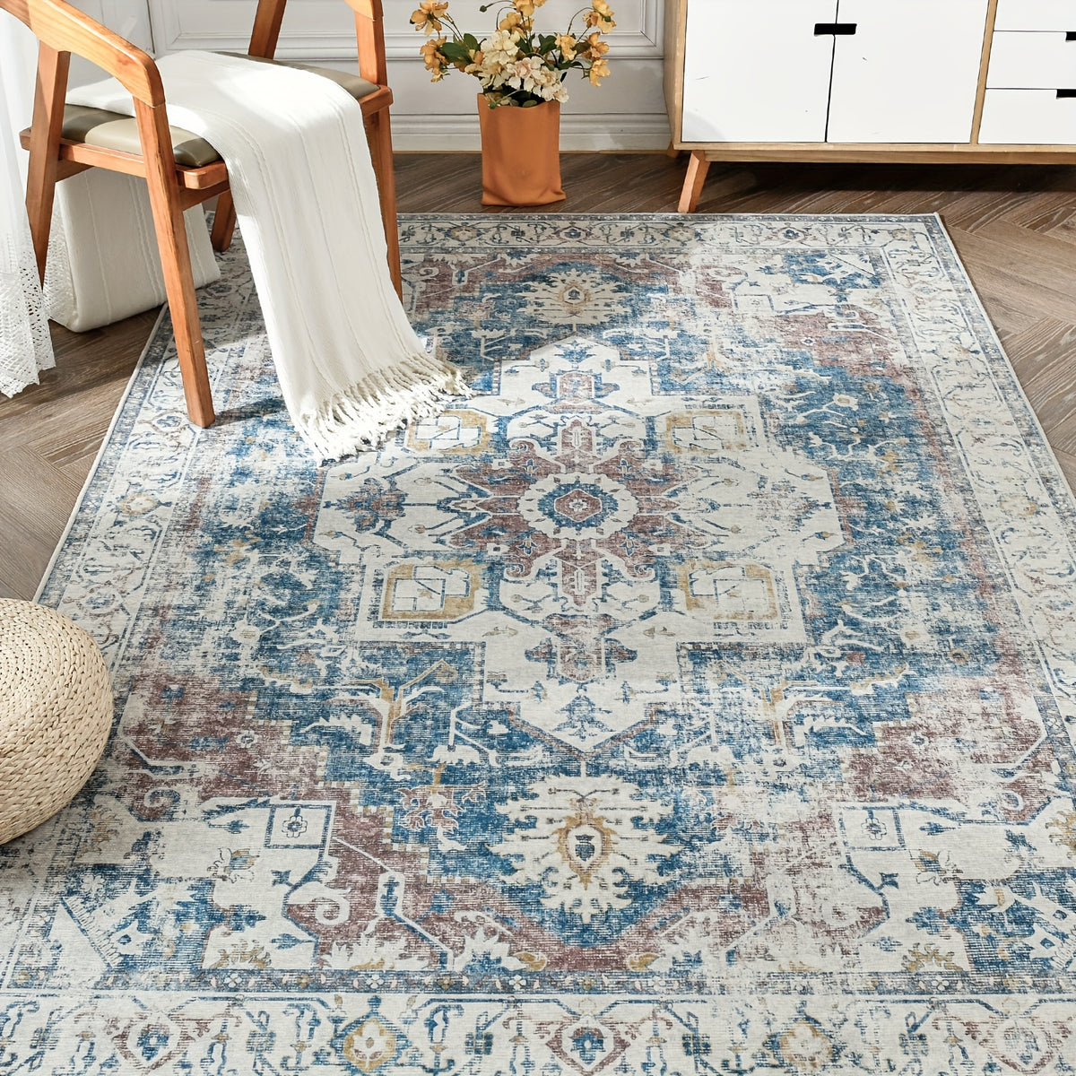 Washable Vintage Area Rug - Chenille Retro Distressed Multi-Print Foldable Lightweight Accent Rug for Entryway Bathroom Kitchen Living Room and Bedroom