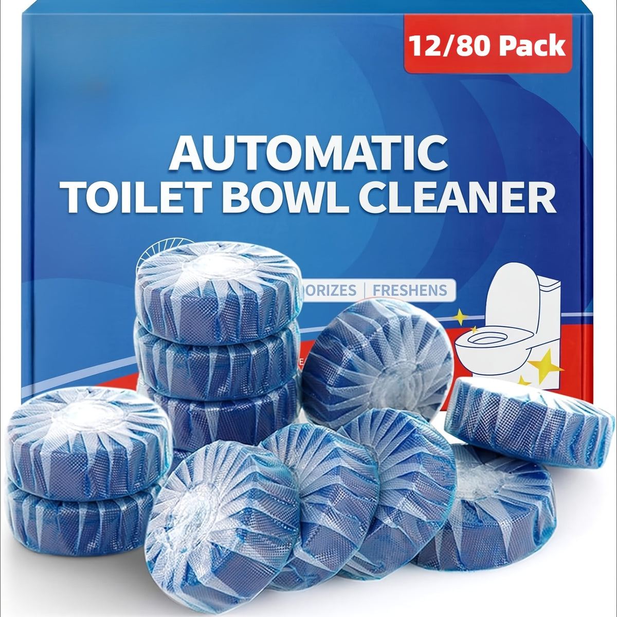 Blue Toilet Bowl Cleaner Tablets 80-Pack – Automatic In-Tank Deodorizer, Long-Lasting Stain Remover, Low Odor, Safe for Plastic Surfaces, Keeps Toilet Fresh & Hygienic