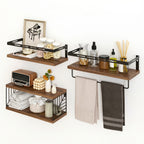 Wall Mounted Shelf 3+1 Tier with Black Metal Guardrails and Storage Baskets Space Saving Floating Shelves for Kitchen Bathroom Bedroom Living Room Home Decor