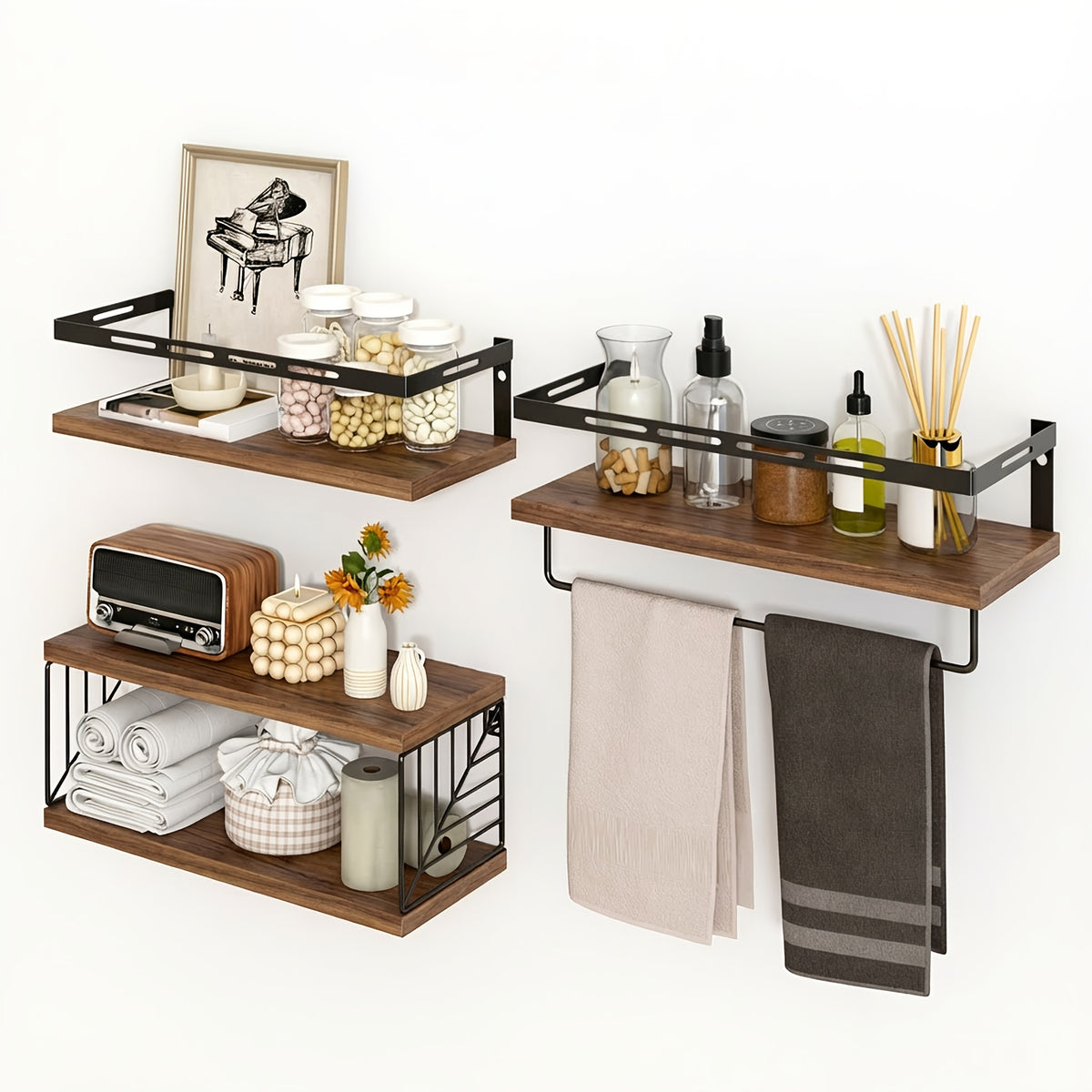 Wall Mounted Shelf 3+1 Tier with Black Metal Guardrails and Storage Baskets Space Saving Floating Shelves for Kitchen Bathroom Bedroom Living Room Home Decor