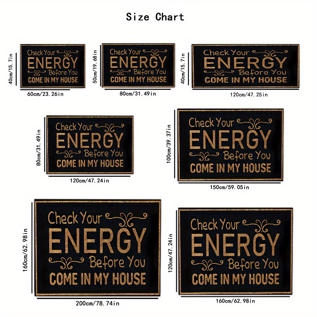Anti-Slip Doormat Check Energy Before Entry Black Gold Lettering 7mm Thick Indoor Mat for Living Room Kitchen Bathroom Entryway 17x47in