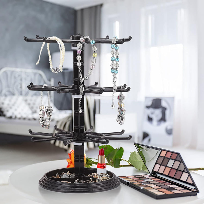 Rotating Jewelry Stand 2-Tier Black Plastic Necklace Bracelet Earring Keychain Hanging Organizer Display Rack for Dressing Table Counter – 360° Spinning Tabletop Jewelry Tower Holder