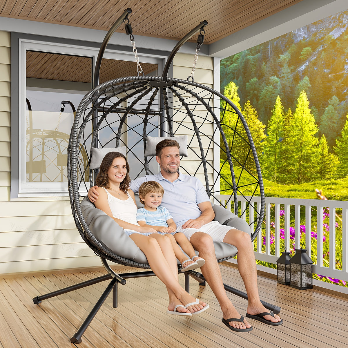 Egg Chair with Stand Rattan Wicker Outdoor Swing Hammock Chair Thickened Aluminum Frame UV-Resistant Cushion 350LBS Single or Two-Seater