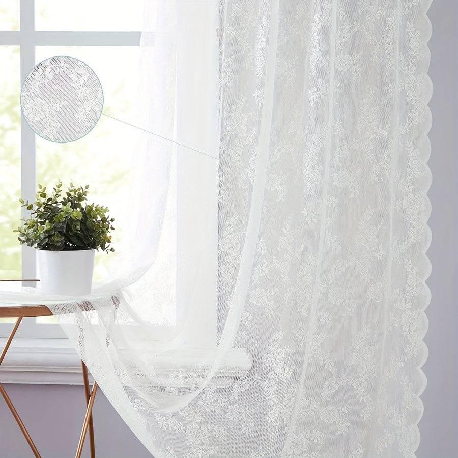 Vintage Lace Door Curtain with Wave Edge – Semi-Sheer Floral Embroidered Rod Pocket Panel for Home, Hallway & Outdoor | White, Black & Green