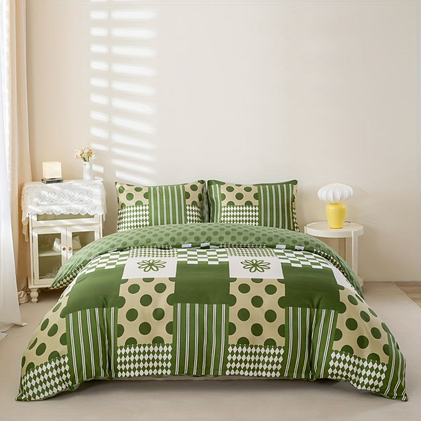Green Geometric Duvet Cover Set 3 Piece Soft Microfiber with 2 Pillowcases Multiple Sizes Bedroom Decor Comforter Not Included