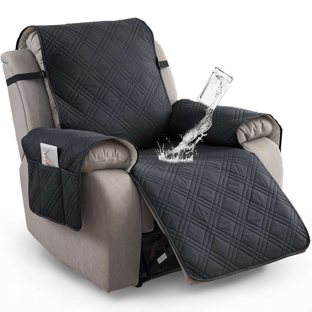 Waterproof Recliner Cover Pet Scratch-Resistant, 5-Layer Quilted Non-Slip Recliner Chair Slipcover with Pocket & Elastic Straps, Easy-Care Polyester Furniture Protector for Living Room, Bedroom & Office, Coffee/Gray