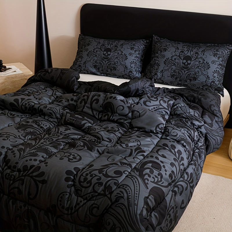 Skull Quilt Set 3 Pcs – Black & Gray Digital Print Comforter with 2 Pillowcases, 180GSM Soft Breathable Bedding for Twin Full Queen King Dorm & Bedroom Decor