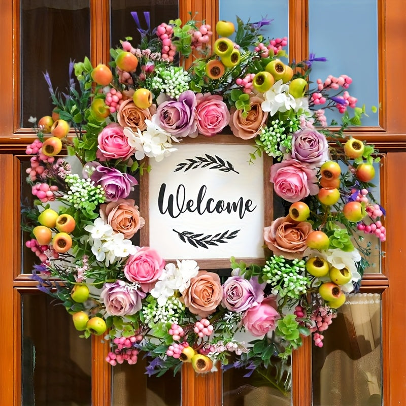 18 Inch Spring Summer Welcome Wreath for Front Door – Artificial Berry & Floral Decor with Welcome Sign, All Season Wall & Window Hanging, Mother's Day & Graduation Gift
