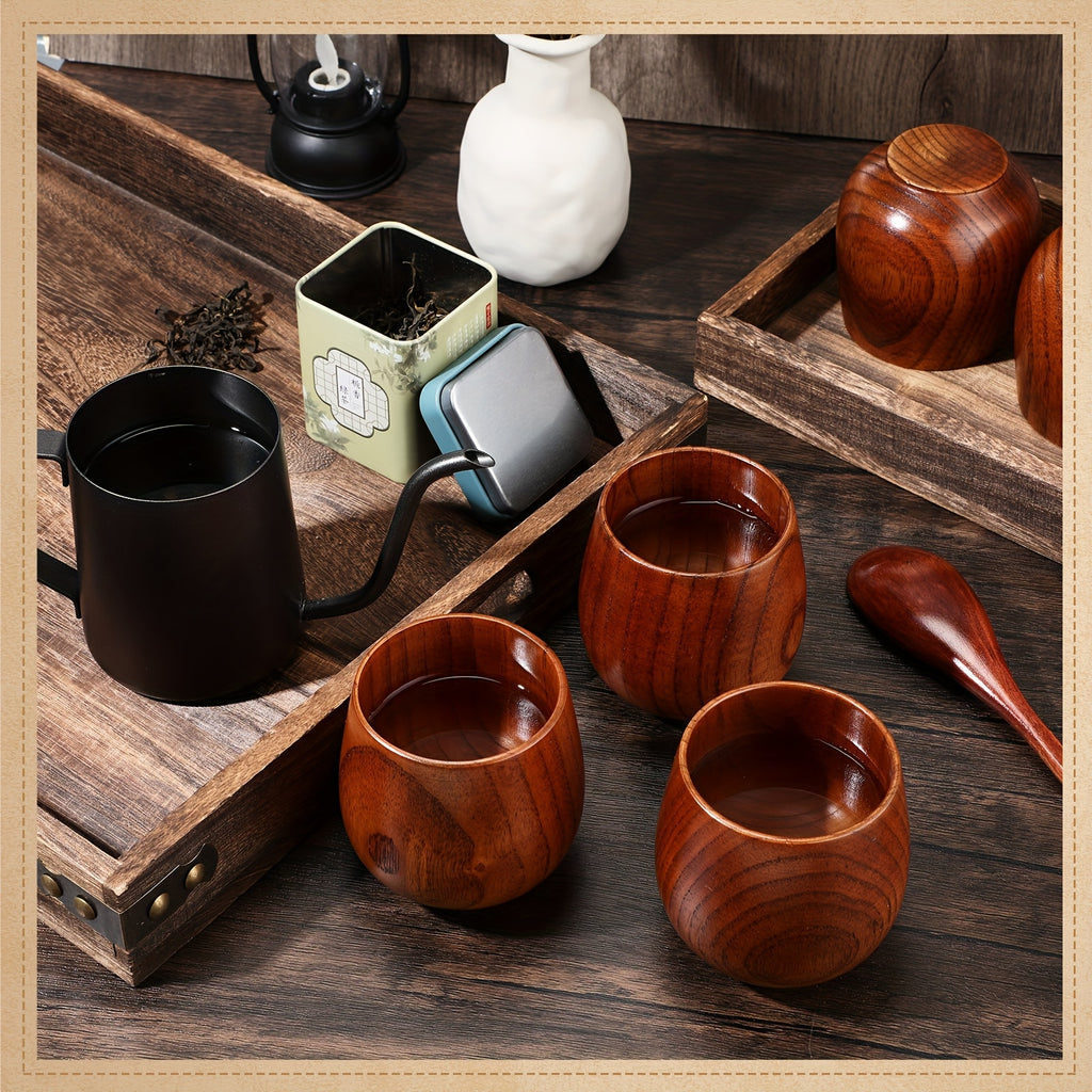Wooden Tea Cups Set of 10 | Japanese Solid Wood Coffee Mugs 6oz Natural Drinking Teacup for Milk Hot Drinks Home & Kitchen