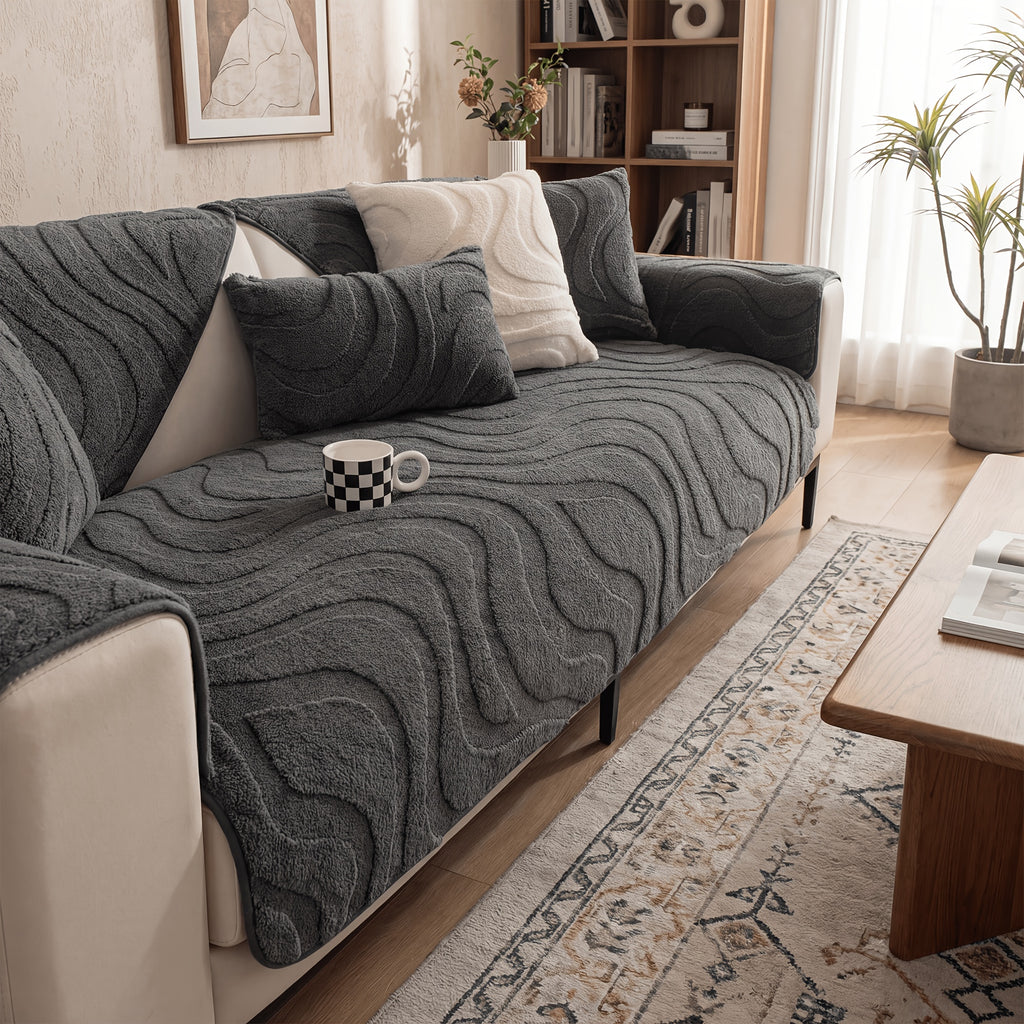Velvet Sofa Cover Non-Slip Washable Plush Couch Slipcover Pet Friendly Thick Padded Furniture Protector 1 2 3 4 5 Seat Living Room Bedroom