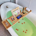 Bathtub Caddy Tray Expandable Bamboo Adjustable Width, Retractable Bath Tray Rack with Reading Holder – Water-Resistant Space-Saving Bathtub Accessories for Relaxing Bath Time