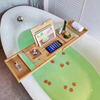 Bathtub Caddy Tray Expandable Bamboo Adjustable Width, Retractable Bath Tray Rack with Reading Holder – Water-Resistant Space-Saving Bathtub Accessories for Relaxing Bath Time