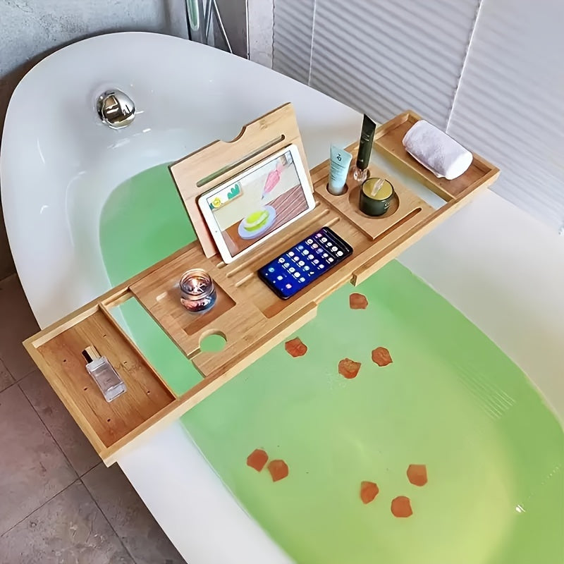 Bathtub Caddy Tray Expandable Bamboo Adjustable Width, Retractable Bath Tray Rack with Reading Holder – Water-Resistant Space-Saving Bathtub Accessories for Relaxing Bath Time