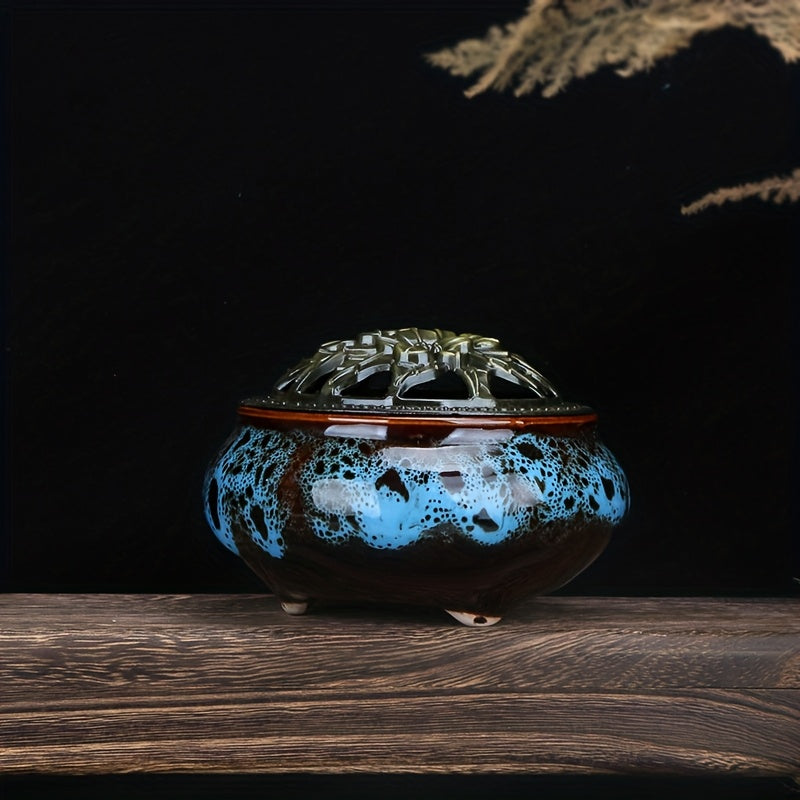 Ceramic Incense Holder Set 4pcs Large Kiln-Fired with Vintage Brass Lid & Fireproof Mat – Stick, Cone & Coil Incense Burner for Home Meditation, Zen Decor & Aromatherapy