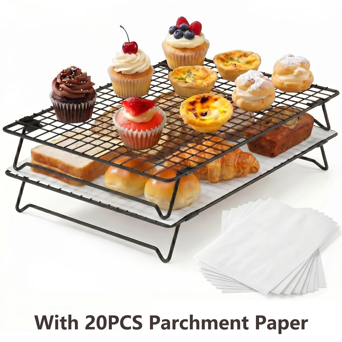 Foldable Cooling Rack 4-Tier Baking Wire Rack with 20pcs Parchment Paper – Collapsible Roasting Grilling Rack for Oven, Camping & Picnic