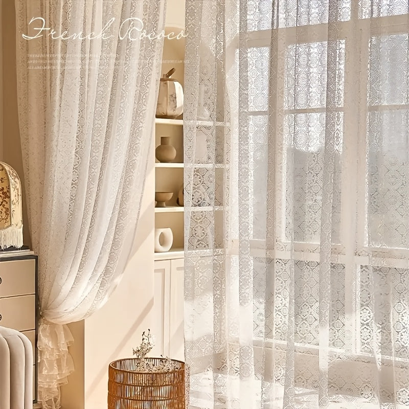 French Retro Lace Embroidered Chiffon Curtain – Romantic White Mesh Sheer Panel, Pole Pocket Top for Living Room Bedroom Partition, 4 Sizes