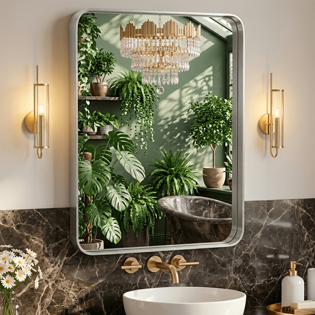 Metal Framed Rounded Rectangle Wall Mirror for Bathroom – Over Sink, Horizontal or Vertical Hanging, Modern Farmhouse Decor, Matte Black, Gold & Silver, Multiple Sizes 16x20 to 36x48 In