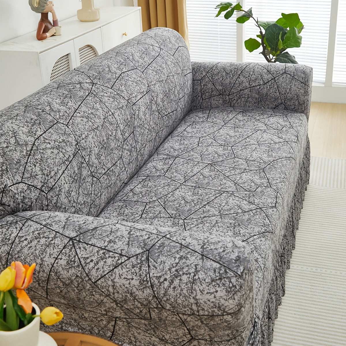 Printed Elastic Skirt Sofa Cover Slipcover with Bottom Skirt | Stretch Fitted Couch Protector for Living Room, Single 2-Seater 3-Seater 4-Seater