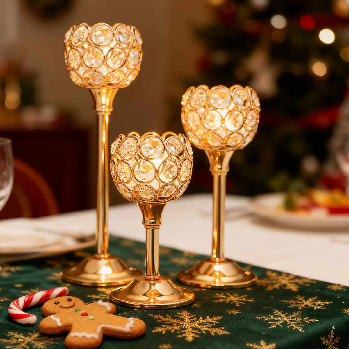 3-Piece Crystal & Metal Candle Holders Set – Windproof Elegant Taper Candle Holder for Christmas, Halloween, Wedding Centerpiece, Romantic Dinner, Anniversary & Birthday Home Decor Gift
