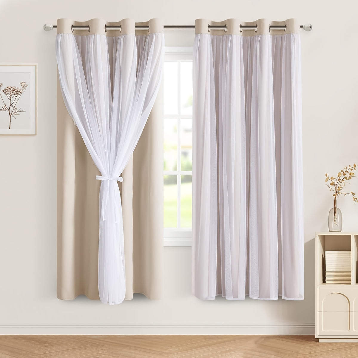 Double Layer Blackout Curtains with Sheer Overlay 2 Panels - Grommet Top Thermal Insulated Mix & Match Window Drapes with Tiebacks for Bedroom Living Room, All Season