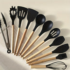 35/36-Piece Silicone Kitchen Utensils Set with Rack & Wooden Handles – Heat Resistant Cooking Tools for Non-Stick Pans | Complete Kitchen Utensil Set